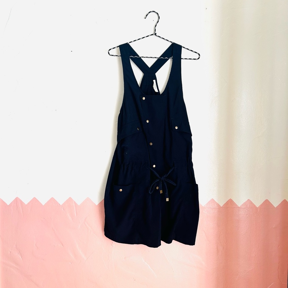 Elevenses by Anthropologie Navy Blue Sleeveless Romper with brass detail